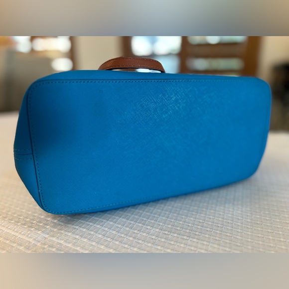 MICHAEL Michael Kors Blue and White Striped Tote with Brown Leather Straps - Picture 13 of 14